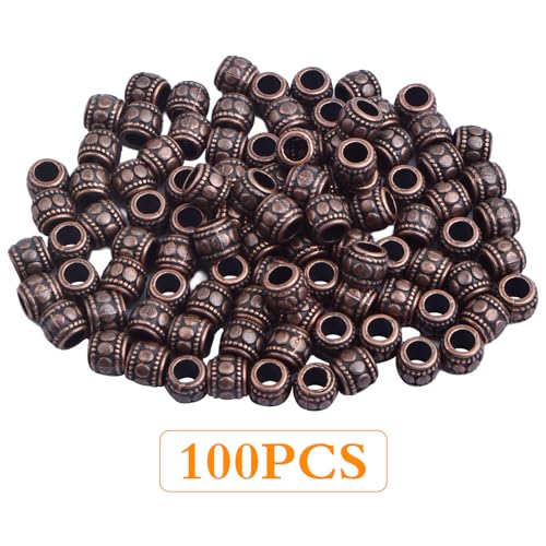 BronaGrand 100pcs Round Tube Spacer Beads Alloy Large Hole Column Beads Antique Red Copper Loose Charm Beads Accessories for DIY European Bracelet Necklace Jewelry Making, Hole: 4 mm - color: Red Copper