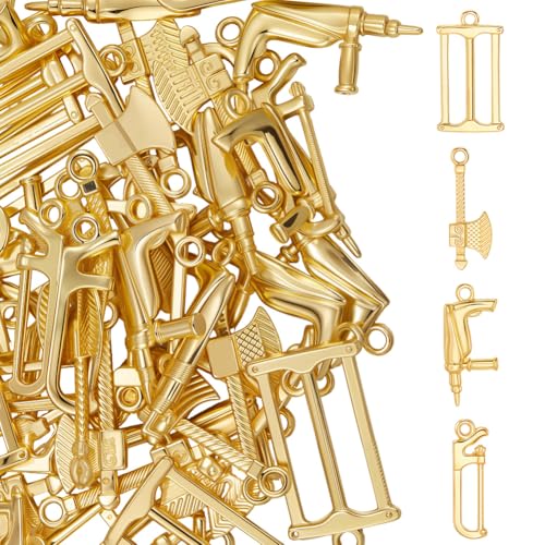 Beebeecraft 60Pcs 4 Style Mini Tool Charms 18K Gold Plated Alloy Axe Saw Construction Home Tool Charm for Jewelry Making DIY Crafts Bracelet Necklace Supplies - color: 60Pcs #2