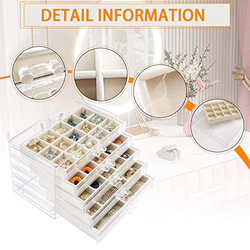 Watpot Acrylic Jewelry Box with 5 Drawers, Clear Earring Storage Organizer Display Case for Women Girls, Beige - color: Beige 5 Layers
