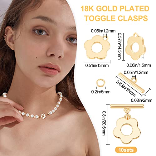 Beebeecraft 10 Sets 18K Gold Plated Toggle Jewelry Clasps Connectors Flower Toggle T Bar Clasps Sets for Necklace Bracelet Earring Making, 14.5x13mm - color: #4
