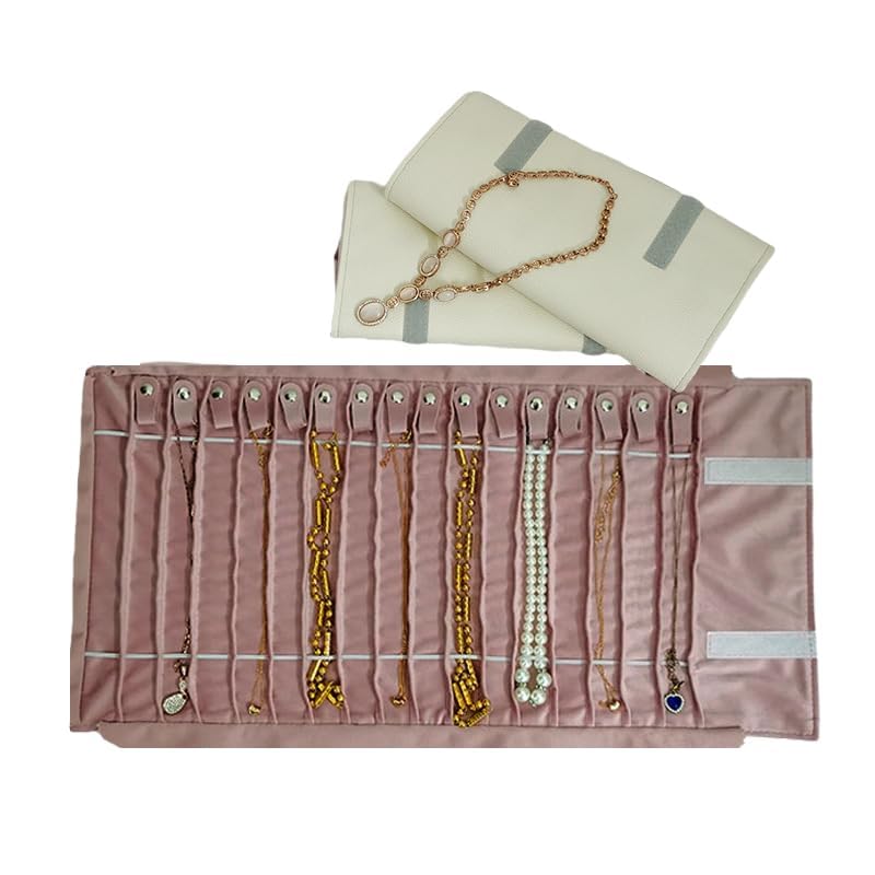 Portable Jewelry Roll Untangled Secure Necklace Travel Storage Bag Displays Holder 16 Chain (gray PU and pink) - color: gray PU and pink