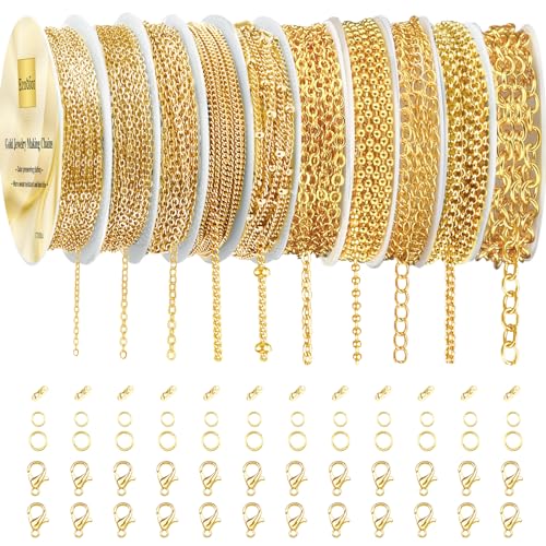 Ecoofor Gold Necklace Chains for Jewelry Making, 78.7 Feet 10 Rolls Jewelry Chains for DIY Necklace Bracelet Jewelry Making with Jump Rings/Lobster Clasps/Connectors - color: Gold, size: 10 Rolls
