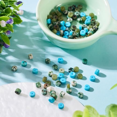 Beadthoven 200Pcs 4mm Flat Disc Gemstone Beads 4 Styles Natural Green Spot Jasper Jade Howlite African Turquoise Beads Blue Green Natural Stone Heishi Crystal Spacers for DIY Jewelry Making - color: Flat Disc-Green, size: 4mm
