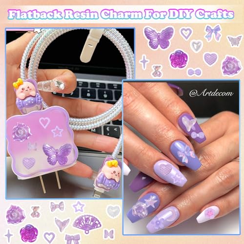 Cynailli 350 Pcs Junk Case Charms Purple 3D Resin ABS Rose Flower Bows Butterfly Charm with Bows Moon Heart Pearls Fun Beads Flatback Resin Charms for Craft DIY - color: color-S7