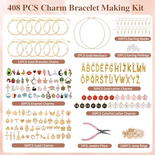 408Pcs Gold Charm Bracelet Making Kit for Girls, Including 12 Bracelet Chains, 152 Charms, 200 Jump Rings, 20 Earing Hook, 2 Necklace, 1 Jewelry Plier for DIY Crafting and Jewelry Making for Adults