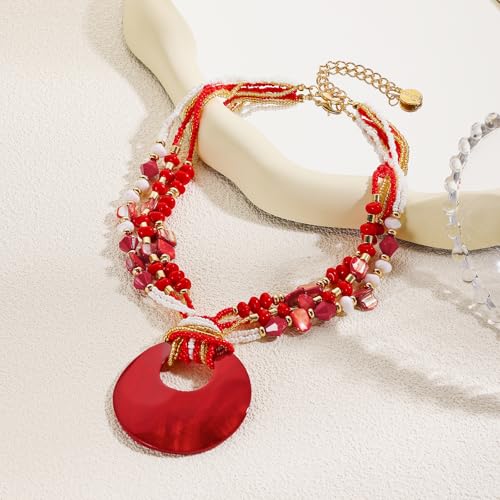 Coiris Shell Pendant Statement Strand Necklace for Women Boho Multi Beads Natural Stone Colorful Necklace Bohemian Handmade Chunky Shell Beaded Collar Jewelry for Women - color: Red