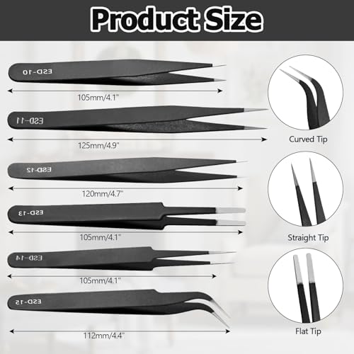 Bonsicoky 6 PCS Precision ESD Tweezers Set - Anti-Static Stainless Steel Tools Kit for Electronics, Jewelry Repair, Soldering, and Crafting Projects - color: 6 Pcs