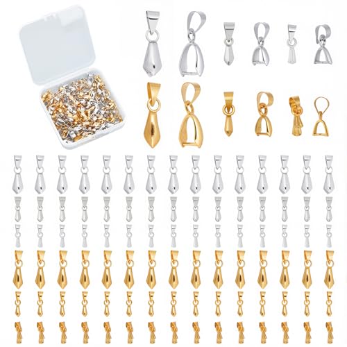 SUNNYCLUE 1 Box 5 Size Brass Pinch Bail Pendants, Pinch Clip Bail Clasp Dangle Charm Bead Pendant Jewelry Making Connectors for Necklace Dangle Charm DIY Craft Making, Mixed Color - color: 5 Sizes 2 Colors Pinch Bails