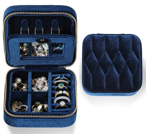 Travel Jewelry Case – Navy Blue Velvet Organizer Adjustable Compartments for Necklaces, Rings | Portable Luxury Travel Jewelry Box for Women, Gift-Worthy Design - color: Navy Blue