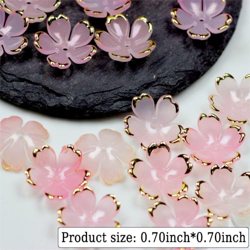 50Pcs Cherry Blossom Acrylic Flower Beads, Mini Floral Spacer Beads for Jewelry Making 5-Petal Gradient Flower Bead Gold-Plated Flowers Bead Charms for Bracelets (Pale Pink Gradient) - color: Pale Pink Gradient