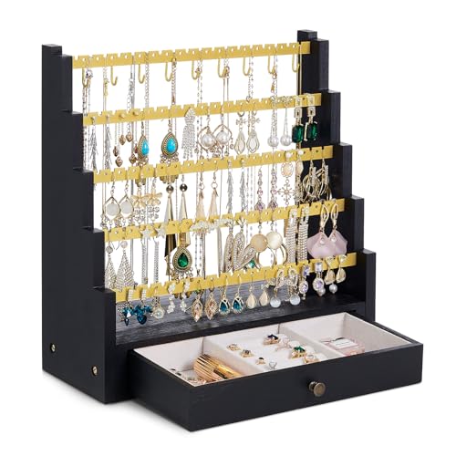 Pinzoveco Earring Organizer, 5 Layer Earring Holder Organizer with Metal Necklace Holder Pole, Rustic Wood Jewelry Organizer Stand Display for Stud Earring Bracelet Necklace Ring, 175 Earring Holes - color: Black Gold