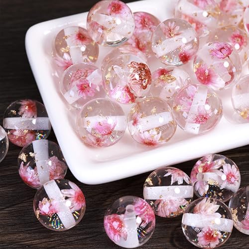 15Pcs Resin Beads Round 16mm Dried Flowers Pink Fit for DIY Jewelry Bracelet Necklace Keychain Beadable Pens Mobile Phone Chain Making Cute (Flower-Pink) - color: Flower-Pink