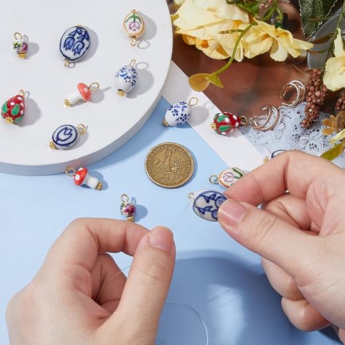 DICOSMETIC 14Pcs 7 Style Ceramic Porcelain Beads Charms Bulk Assorted Ceramic Charms Set Flower Mushroom Strawberry Small Jewelry Charm for Bracelet Necklace Earring Jewelry Making