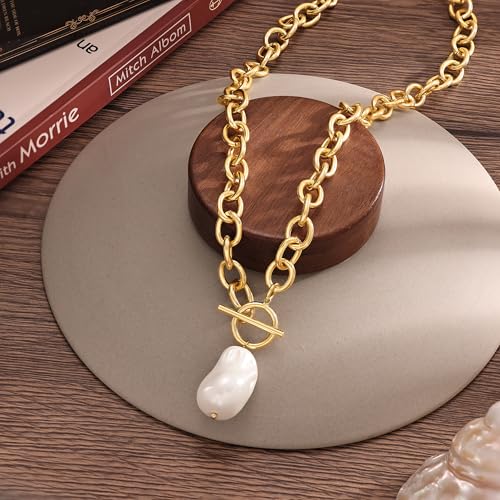 CHESKY 14K Gold Plated Chunky Necklace for Women, Trendy Paperclip Chain Necklace Thick Cross Heart Pendant Necklace Layered Herringbone Cuban Link Chain Toggle Necklaces Non Tarnish Jewelry - color: gold, style: pearl pendant