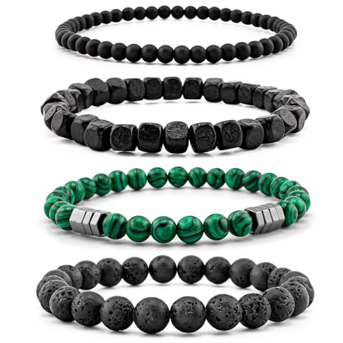 Men’s Hematite Bracelet Set Boho Multi - Tiger Eye/Matte Agate/Lava Rock Gifts for Birthday/Anniversary/Christmas - color: F08 Malachite