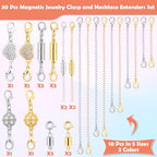 ROADPLUM 30 Pcs Magnetic Necklace Clasp & Extender Chain Set, 5 Styles Strong Magnetic Jewelry Clasp with 5 Sizes Extender for Necklaces Bracelet Connector, Easy to Use for Women, Gold & Silver - size: 30 Pcs