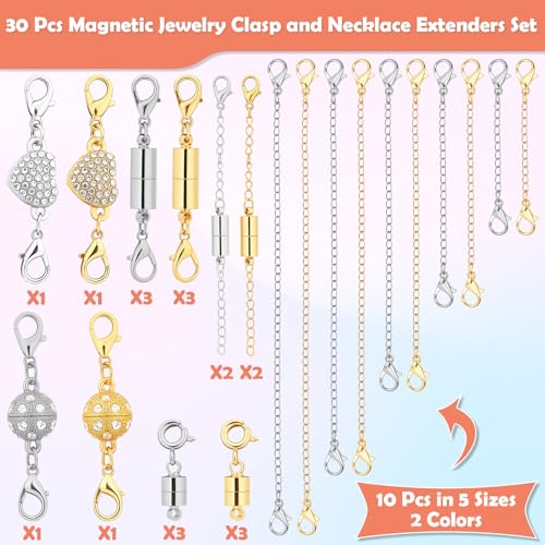 ROADPLUM 30 Pcs Magnetic Necklace Clasp & Extender Chain Set, 5 Styles Strong Magnetic Jewelry Clasp with 5 Sizes Extender for Necklaces Bracelet Connector, Easy to Use for Women, Gold & Silver - size: 30 Pcs