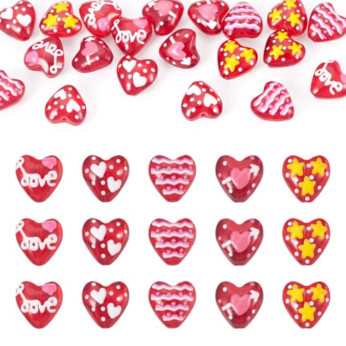 Valentines Heart Beads Cheriswelry 20Pcs Crystal Glass Heart Beads Red Hearts Pony Bead 13.5-14mm for Valentines Christmas Earring Bracelet Necklace Jewelry Making DIY Supplies - color: Print Heart