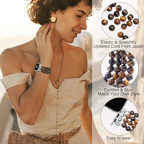 Newlibery Natural Stone Bracelet Beaded-Bands Women Compatible with Apple Watch 38mm 40mm 41mm 42mm (S10/11) Feminine Cute Handmade Stretch Strap for iWatch Series 11/10/9/8/7/6/5/4/3/2/1 SE 3/2/1 - color: A6 Tiger's Eye, size: 38/40/41/42mm(S10/11)