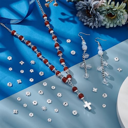 PH PandaHall 100pcs 10 Styles Brass Flower Bead Caps 6/7/8mm Silver Spacer Beads Bead End Caps Flat Spacers Flower Bracelet Beads for Friendship Bracelet Earring Jewellery Making DIY Crafts - color: Silver
