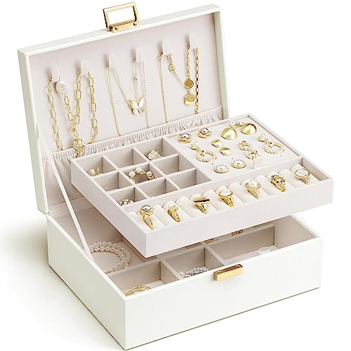 VLANDO Jewelry Box for Women, Gift for Women Girls,2 Layer Jewelry Box,Large Jewelry Organizer for Women Removable Jewelery Tray for Necklace Earrings Rings(Cream White) - color: 01-Cream White