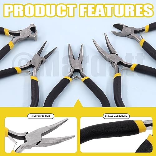 6Pcs Jewelry Pliers Set Includes Round Nose Pliers, Bent Nose Pliers, Needle Nose Pliers, Crimping Pliers, End Nippers and Wire Cutters for Jewelry Making and Repairing