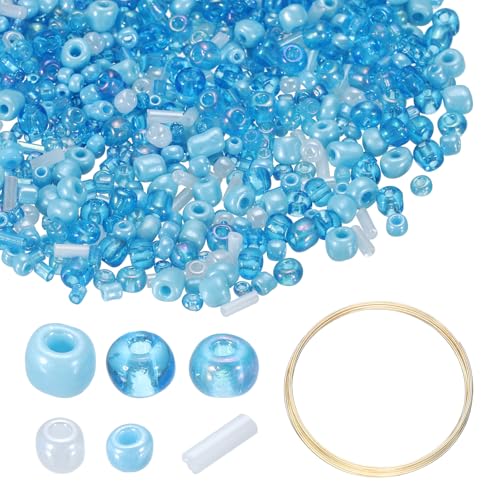 uxcell 3000pcs Glass Seed Beads, 1.5-4.5mm Small Embroidery Bugle Beads Assorted Tube Bead Loose Kit for Jewelry Making DIY Craft Beading Bracelets Necklace Earring (Blue) - color: Blue
