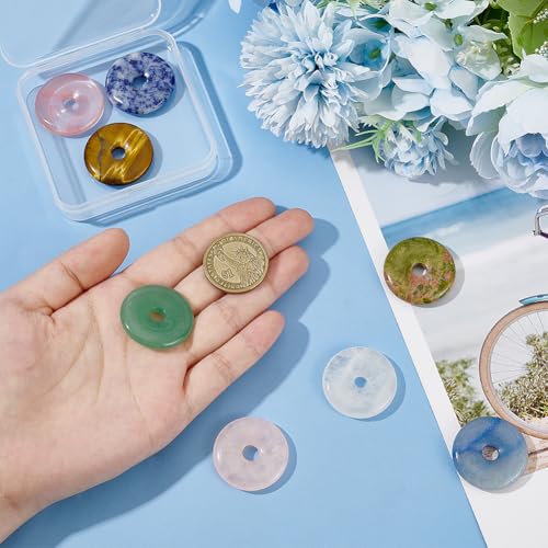 BENECREAT 8Pcs Donut Natural Stone Pendants Gemstone Donut Charms Flat Round Stone Beads Pendants (Hole: 6mm/0.2inches) for Jewelry Making DIY Necklace Accessory Gift Party