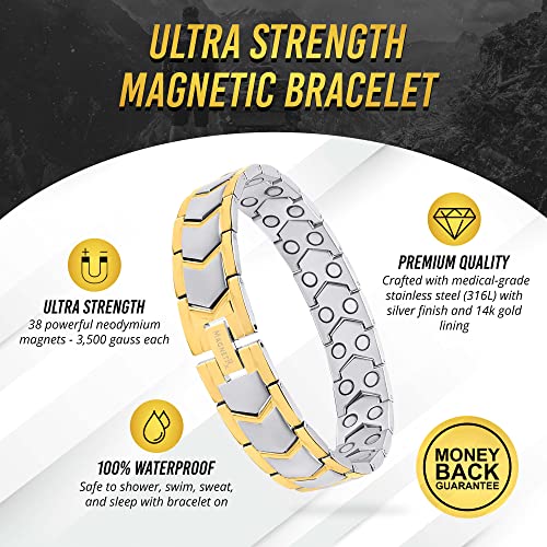 MagnetRX® Ultra Strength Magnetic Bracelet – Effective Stainless Steel Metal Bracelets for Men – Adjustable Length with Sizing Tool for Perfect Fit (Silver & Gold) - color: Gold & Silver Arrow Style (2X Strength)
