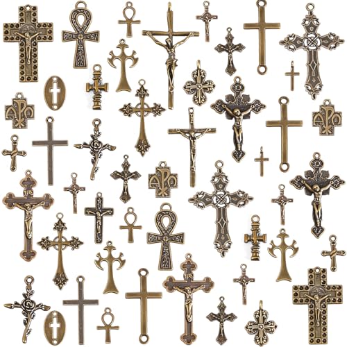 stino 100 Gram Metal Charms for Jewelry Making, Silver & Gold Plated, Bulk Pack for Bracelets, Necklaces, Crafts - color: Cross Bronze