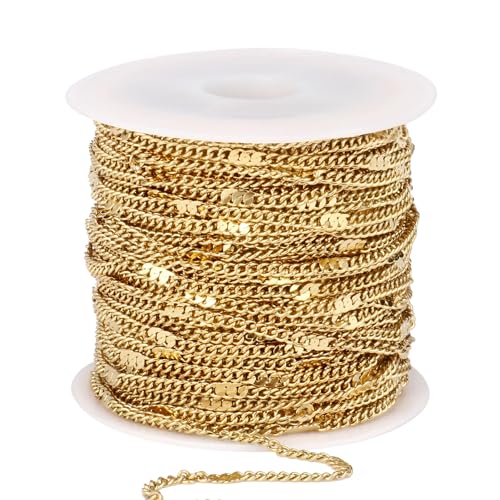 33FT 18K Gold Plated Curb Chains Bulk, 2mm Stainless Steel Flat Satellite Curb Link Chains Roll for Jewelry Making - color: Gold long embossed
