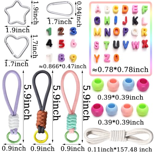 Mixed Color Big Hole Acrylic Number Letter Beads for Keychain Making Kit, 3D Letter Key Chain Making Kit with A~Z Alphabet Letters / 0~9 Numders/Round Beads/Wrist Straps/Carabiners/Cotton Rope