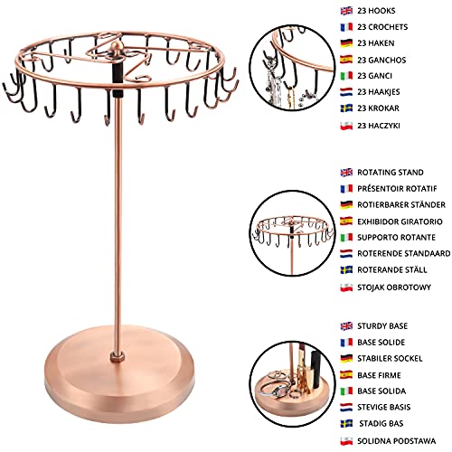 BELLE VOUS Copper Metal Rotating Jewellery Holder Display Stand (23 Hooks) - H34.8 x W20.5cm / 13.70 x 8.07 Inches - Hanging Organiser Tower Rack - Storage for Necklaces & Bracelets, Rings & Earrings