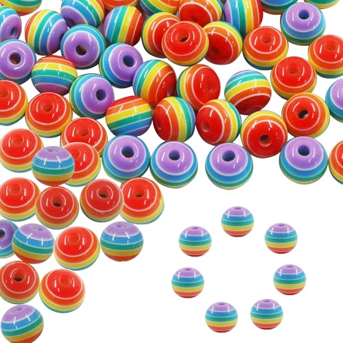 200pcs 8mm Resin Rainbow Beads, Plastic Stripe Multicolor Beads for Jewelry Making, DIY Bracelets, Earrings, Keychains & Craft Projects (Purple) - color: Purple