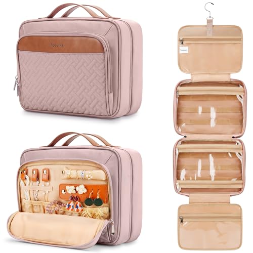 Travel Hanging Toiletry Bag for Women, with Jewelry Organizer Compartment, Medium Waterproof Hanging Makeup Accessories, Cosmetic Essentials, Toiletries Dopp Kit Set with Trolley Belt, Baby Pink - color: Baby Pink, size: Medium