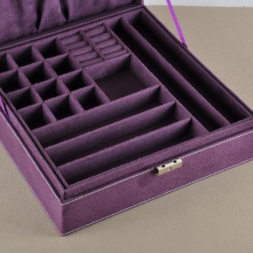 Jewelry Boxes 10 x 10 Inches 2-layer Handle Necklace Holder Organizer Jewellery Women Rings Storage Display Girls Earrings Case Lockable Jewelry Tray GY641 (Purple) - color: Purple