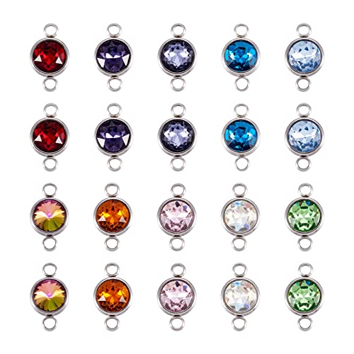 Pandahall 20pcs Mixed Color Glass Gemstone Pendants Flat Round Glass Links Charms with Double 304 Stainless Steel Bail Connectors for Bracelet Jewelry Making (Silver)