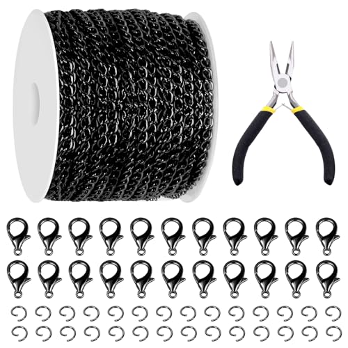 Glarks 102Pcs 30 Feet Jewelry Chains Set Black Cable Link Chains Link Rolls Bulk Twisted Links Chain Necklace Jewelry Making Chains with Lobster Clasps and Jump Rings for Necklace Jewelry Making - color: Black
