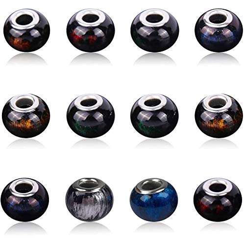 AIPRIDY 100Pcs 15x11mm Painting Murano Large Hole Glass Beads Mix Color with Silver Brass Cores European Charm fit Bracelet Necklace (Black Background and Color Glass) - color: Black background and color glass