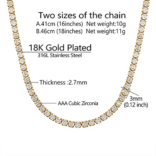 Richsteel Clear/Black 3mm Cubic Zirconia Tennis Chain Necklace for Women and Men 16/18 Inch Stainless Steel/Gold Plated Jewelry(with Gift Box) - style: 02-Gold Plated-Clear CZ