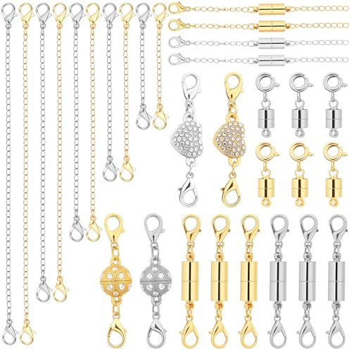 ROADPLUM 30 Pcs Magnetic Necklace Clasp & Extender Chain Set, 5 Styles Strong Magnetic Jewelry Clasp with 5 Sizes Extender for Necklaces Bracelet Connector, Easy to Use for Women, Gold & Silver - size: 30 Pcs