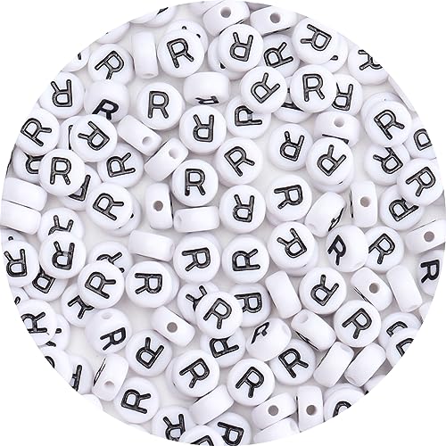 100Pcs Letter Beads 4x7mm White Round Acrylic Alphabet Beads Letter R Beads for Jewelry Making DIY Bracelets Necklaces Key Chains - color: R 100Pcs