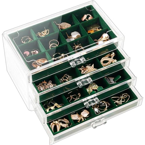 Lolalet Earring Holder Organizer Box Jewelry Storage with 4 Drawers, Clear Acrylic Stackable Earring Case with Adjustable Velvet Trays for Women on Dresser Vanity -Emerald, 4 Layers - color: Emerald, size: 4 Layers