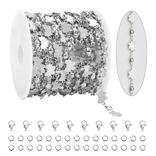 KYUNHOO Stainless Steel Beaded Chains Bulk on Roll 13 Feet Embossed Butterfly Necklace Bracelelt Jewelry Making Chain with Lobster Clasps Jump Rings - color: Butterfly Steel