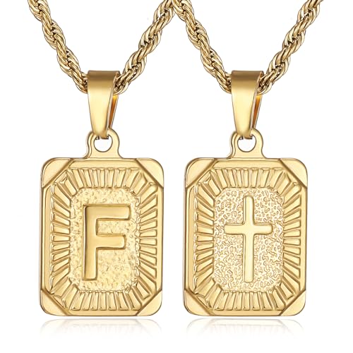 SKQIR initial Letter Necklaces for Men,Stainless Steel Plated A Z Square Pandent Letter Necklace for Women,Cross Necklace with Letter Chain Pendant for Boys Stocking Stuffers Christmas New Year Gifts for Men Women - color: Gold, style: Cross F