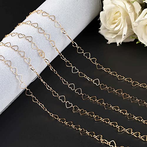 KYUNHOO 5M KC Gold Plated Jewelry Making Chains Link Heart Chains Bulk on Spool Jewelry Supplies Findings Chain Roll with Jump Rings and Lobster Claps - color: Heart Gold