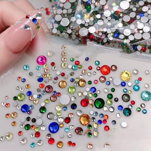 3000 Pieces Colorful Rhinestones Nail Art Charms Mixed Size Sparkling Flatback Nail Charms 3D Mini Nail Gems Rounded Nail Diamonds Crystal Nail Art Bling Nail Jewel for Women Acrylic Nail Supplies - color: Multicolor