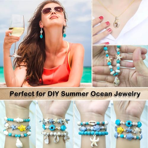 600+Pcs Ocean Beads for Bracelets Making Kit, Acrylic Boho Ocean Beach Seashell Bead Starfish Turtle Conch Charms Summer Sea Dangle Pendant for Earring Necklace Gift Anklet DIY Craft Jewelry Making - color: Beige+Sea Blue