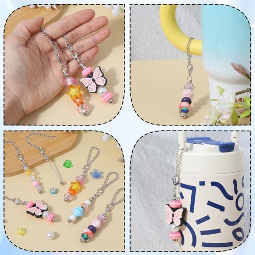 40 Pcs Beadable Keychain Bars Bulk, Silver Keychain Bars for Beads with Beaded Cup Charms, Beaded Pokey Tools for Stanley Tumblers & Handle Cups, DIY Gift Pendant for Bottle Accessories