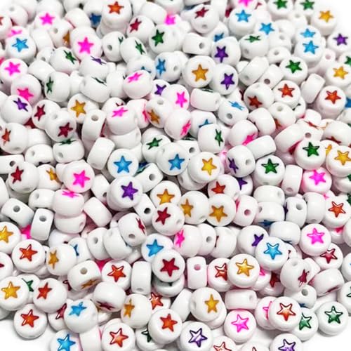 500PCS 4x7mm Acrylic Star Beads for Friendship Bracelets Jewelry Making, White Round Flat Acrylic with Colourful Pentastar Beads for DIY Crafts Bracelets Necklaces Key Chains Phone Lanyard - color: Five-pointed star(colourful on white)
